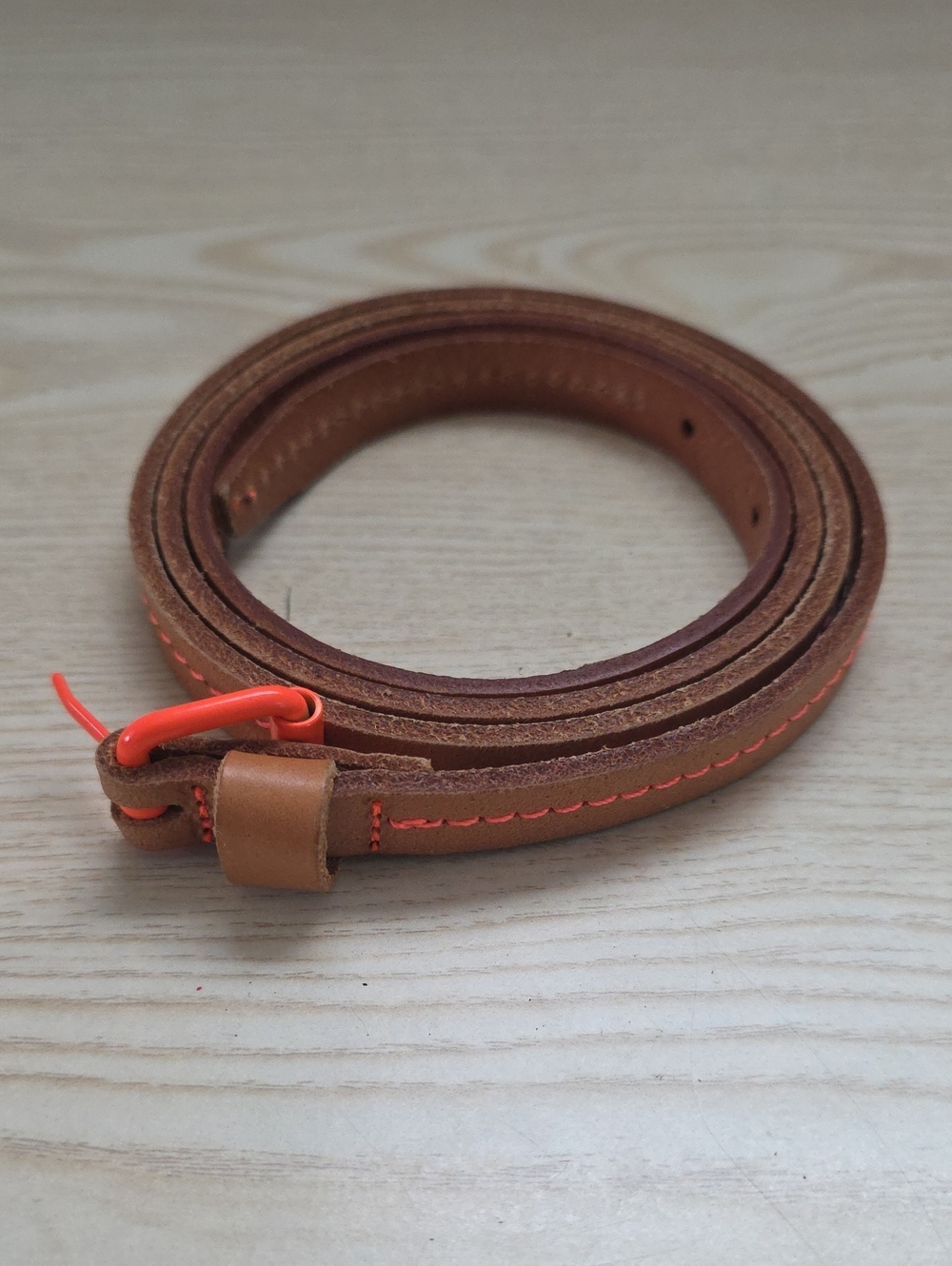 Women’s Camel leather belt with orange stitch XXL